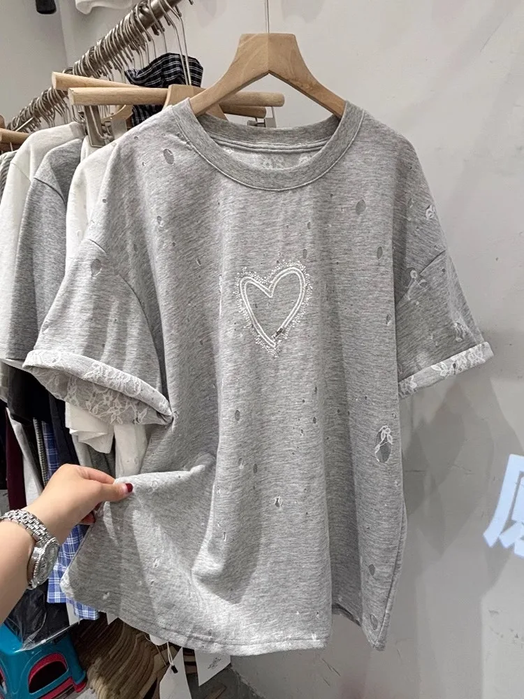 Retro American Lace Splicing Design Hole Love Stitching Short Sleeve T-Shirt Women Summer Slimming Top Korean Style Cotton Sw...