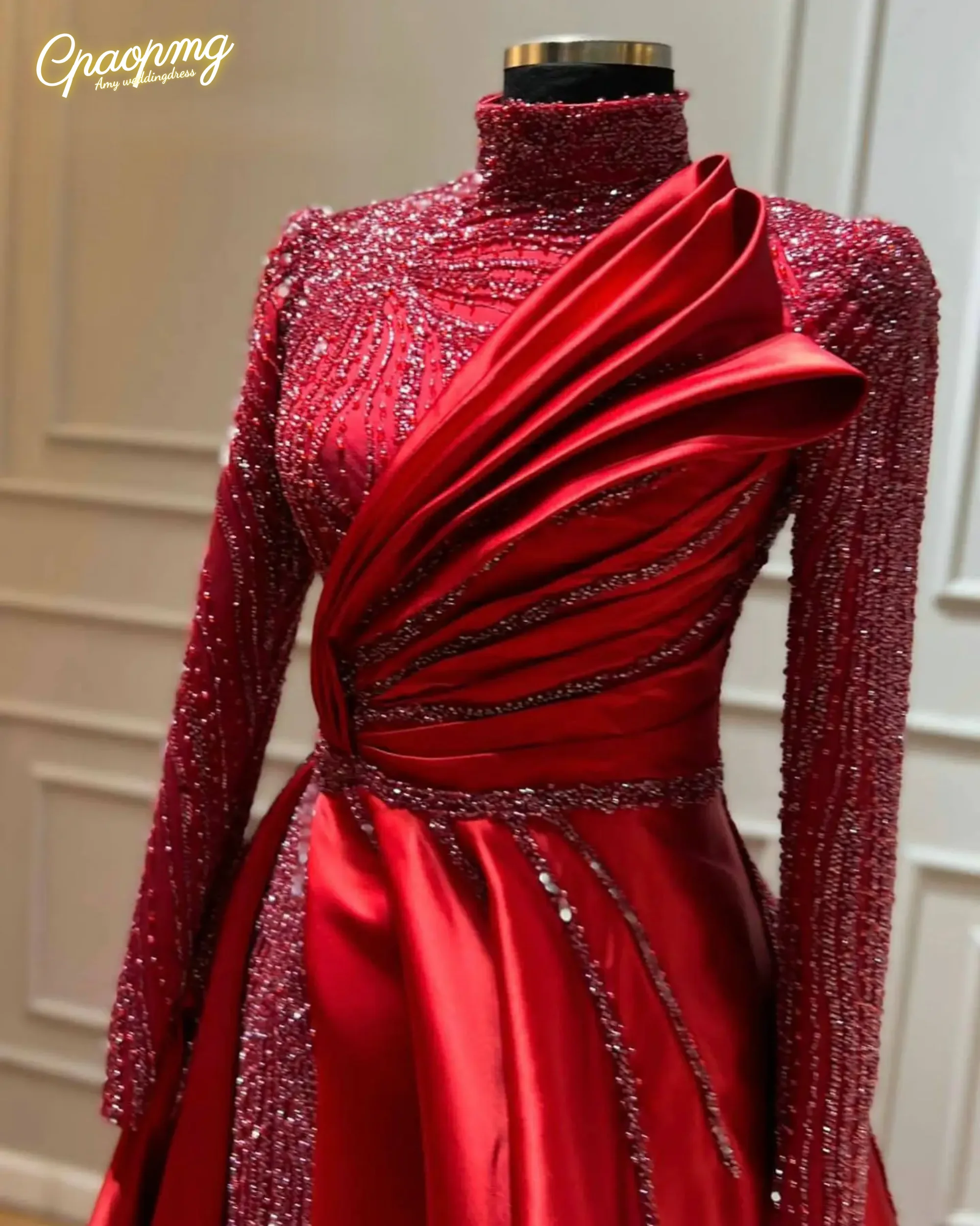 Customized Wine Red Muslim Long Sleeve Evening Dresses  Beaded High Neck Dubai Arabic Formal Wedding Party Gowns ﻿