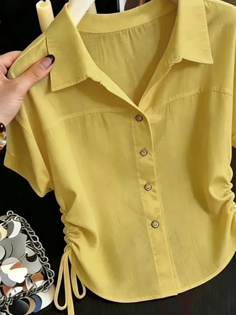 Summer 2026 Women's Yellow Short Sleeve Shirt Stand Collar Gathered Waist Slimming Top Versatile  Design Breathable Polye...