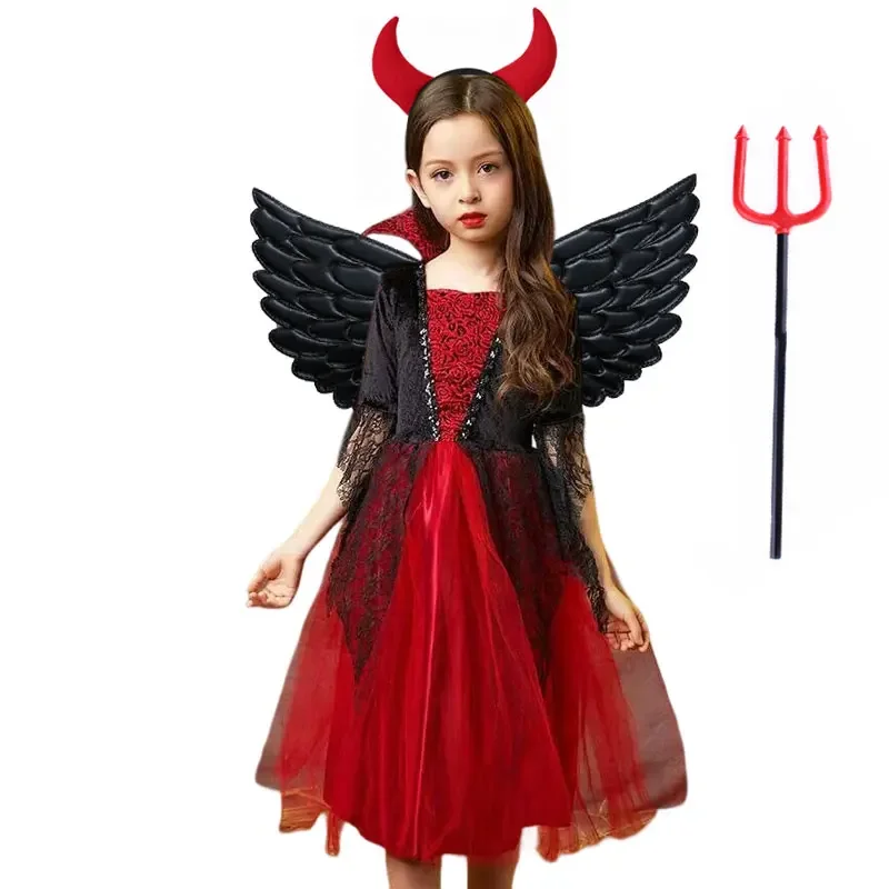 Costume de Vampire d'Halloween pour Enfants, Robe Noire en Maille Traînante, Déguisement de Démon, Vêtements Imbibés, ixde Carnaval de Luxe, Bol et Garçons