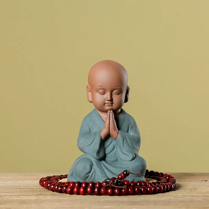 Traditional Chinese Purple Sand Little Monk Figurine Decorative Ceramic Sutra Chanting Buddhist Character Ornament Art and Craft