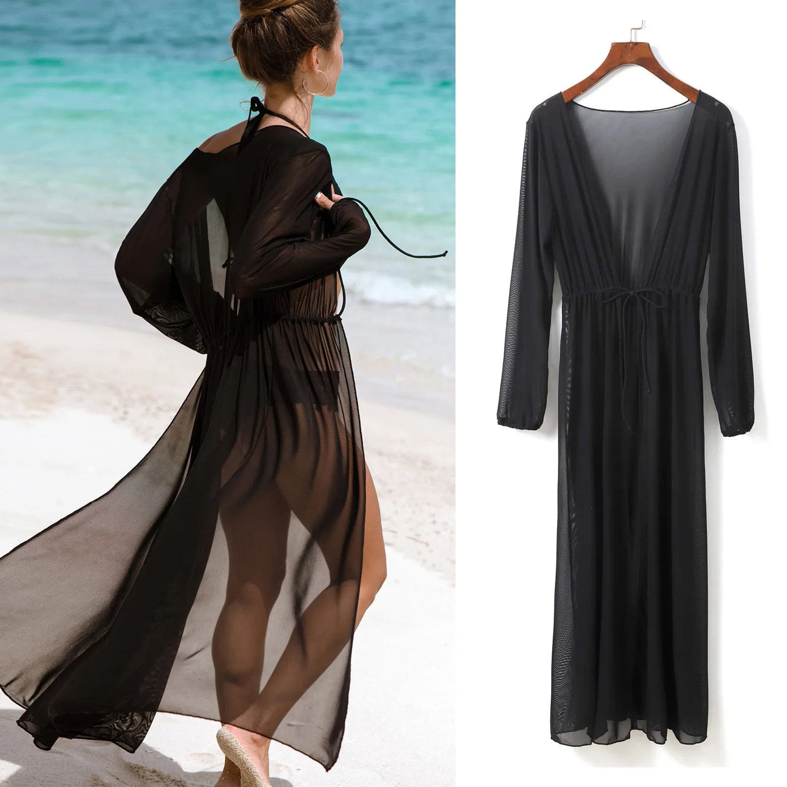 Robe de plage en maille noire, tunique longue, paréos, cover up pour les maillots de bain, vêtements de plage, 2023