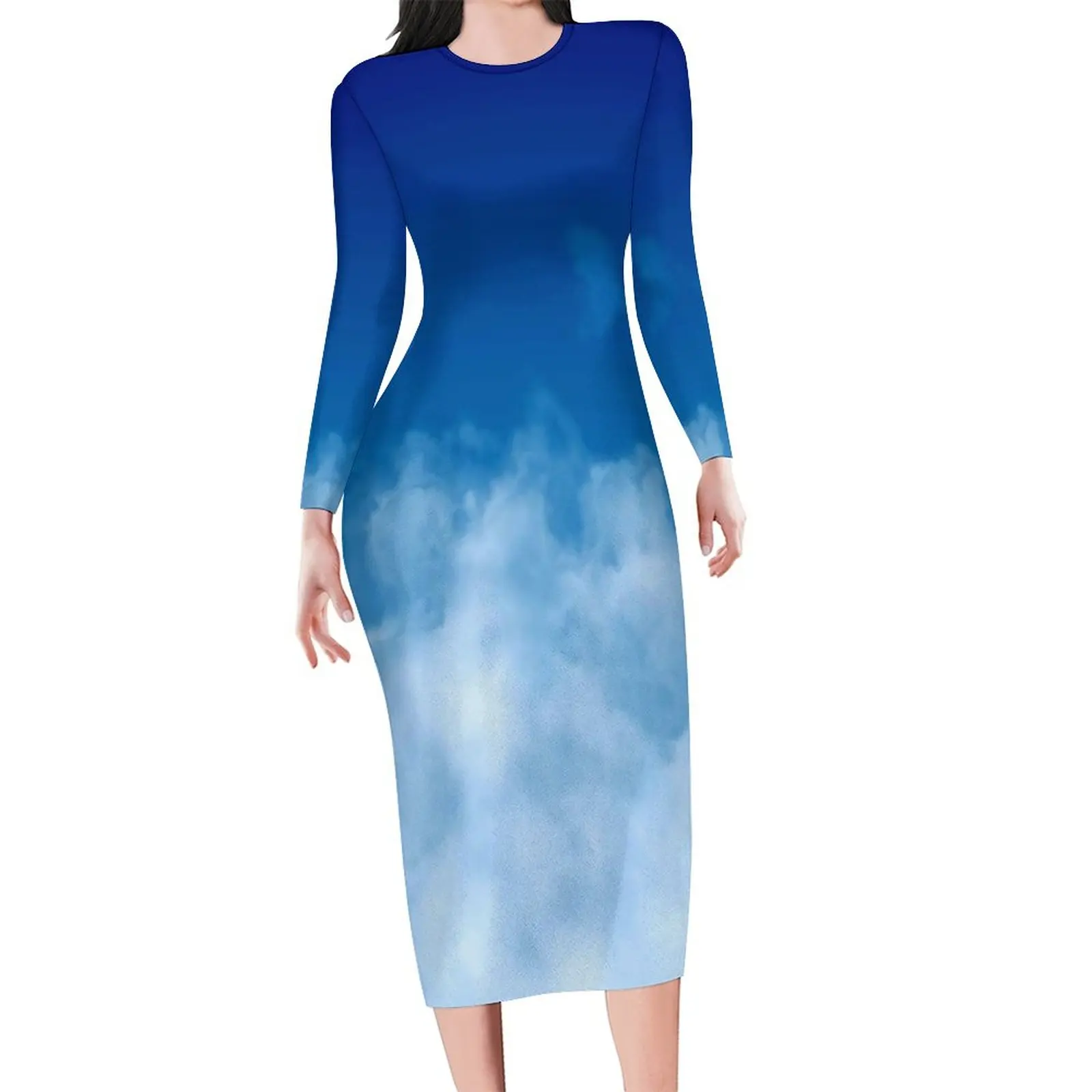 Nuvem macia bodycon vestido senhoras azul profundo céu impressão vestidos outono manga longa rua moda vestido gráfico tamanho grande 5xl 6xl