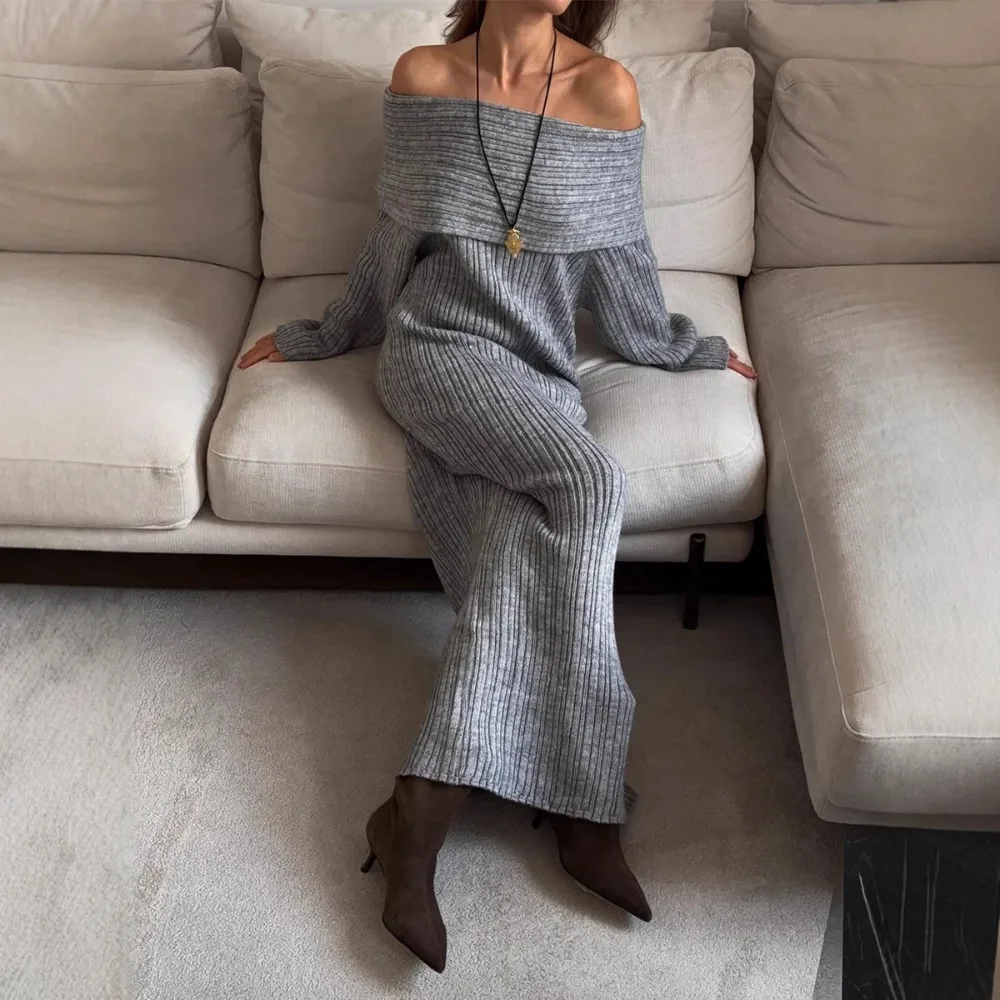 Damska zimowa sukienka swetrowa typu bodycon z odkrytymi ramionami, elegancka sukienka midi z długim rękawem na imprezę klubową, formalna, modna odzież z prążkowanej dzianiny, kolekcja 2026.