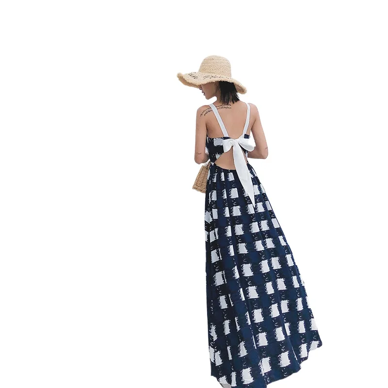 

Retro seaside resort Bali slimming Thailand Sanya long skirt plaid halter dress female summer