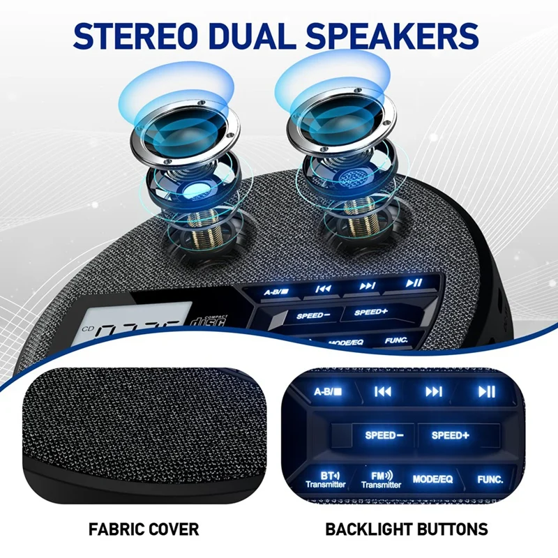 Reproductor de CD portátil, reproductor de CD recargable con altavoces duales y antisaliva, CD, Bluetooth dual, transmisión FM, USB, AUX-VVNB