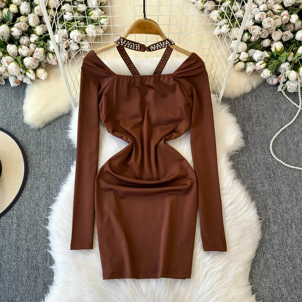 TWOTWINSTYLE New Asymmetrical Sexy Dress For Women Hollow Out Patchwork Pearls Slimming Mini Dresses Female Fashion KDR502628