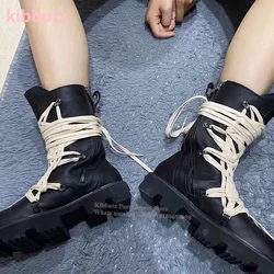 Motorcycle Boots Knee-High Round Toe Platform Genuine Leather Solid Black Side Zipper Lace-Up Fashion Concise Cool Shoe 2023 New