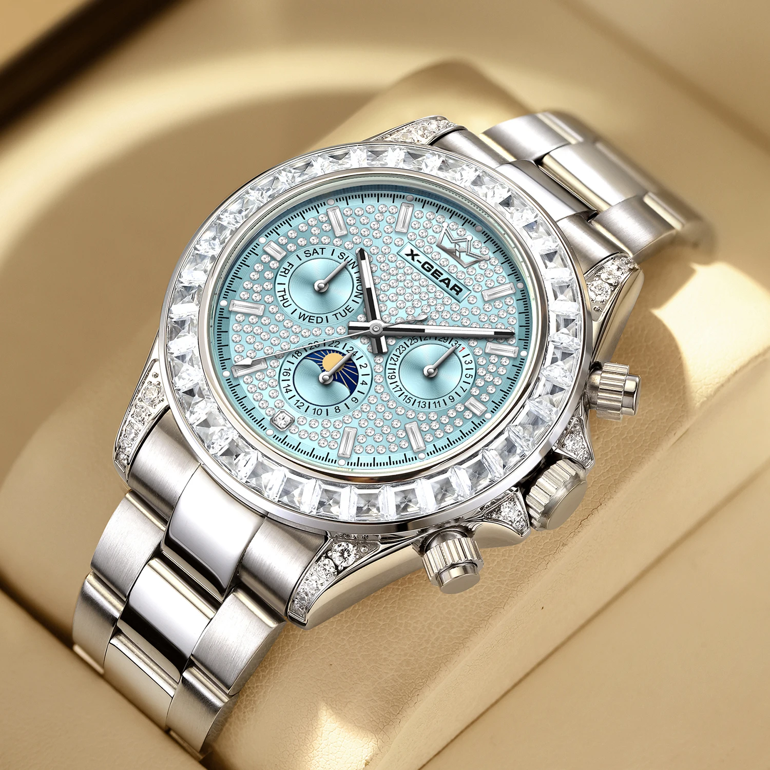 ساعة ميكانيكية أوتوماتيكية مرصعة بالألماس بالكامل، متعددة الوظائف، مقاومة للماء، حزام من الفولاذ المقاوم للصدأ