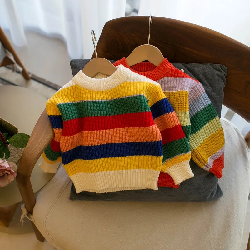 

1-8 Years Old Girls Knitted Pullover O-Neck Rainbow Striped Sweater Spring Autumn Casual Clothes Tops Children Outerwear HY12121