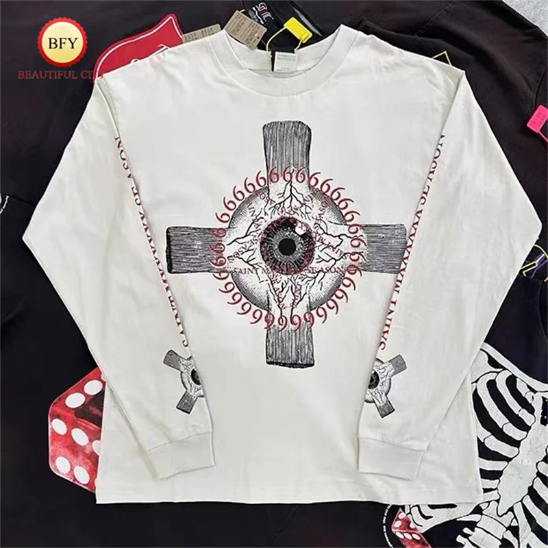 

High Street White SAINT Eye Pattern Print Long Sleeve T-Shirt Washed Aged Vintage Autumn Mens Womens Tee Tops