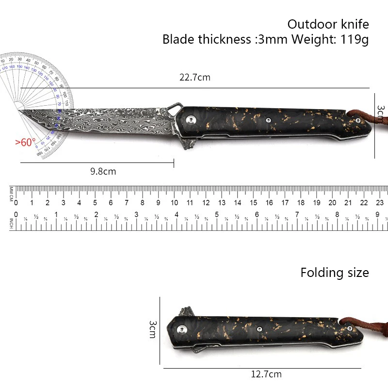 Damascus Folding Knife Shredded Carbon Fiber Handle Pocket Knife Outdoor Defense Knife Camping Portable Fruit Knife