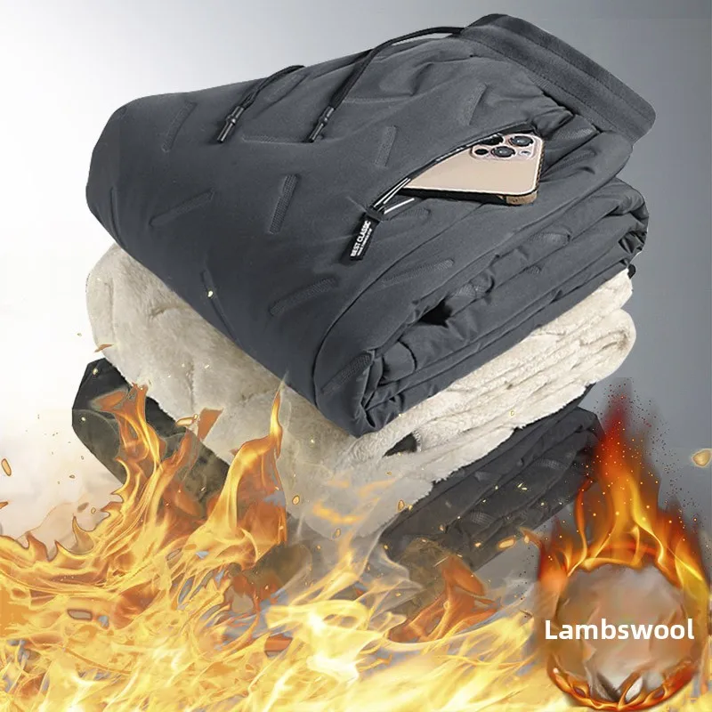 Men's Loose Fit Lamb Fur Lined Waterproof Windproof Winter Work Trousers Straight Leg Sports Pants Casual Youth Faion