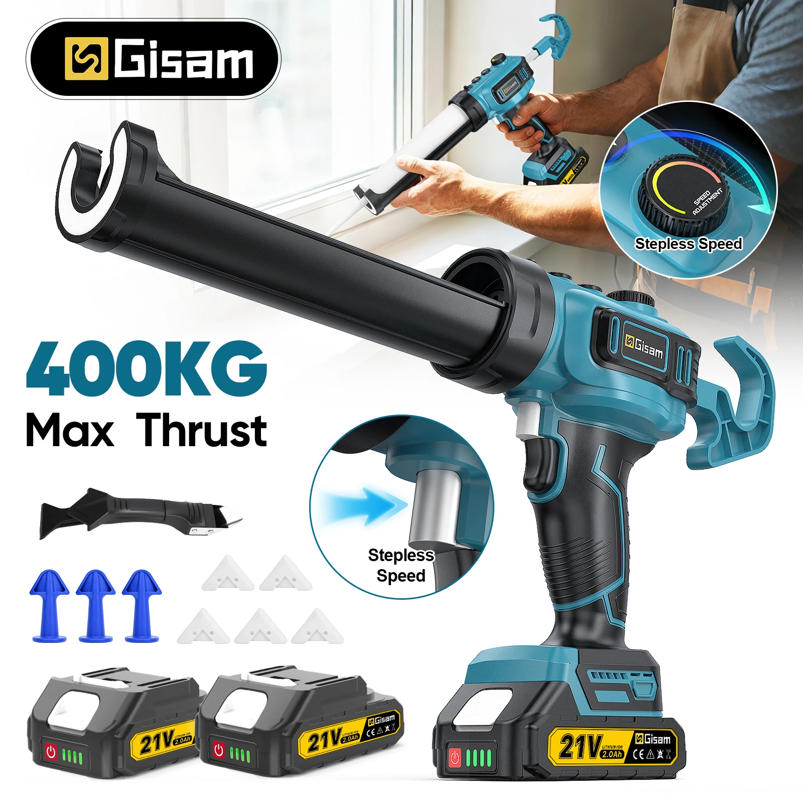 Pistola elettrica per colla e sigillante Gisam 400KG, con velocità regolabile, senza fili, per applicare adesivi, colla per vetro, sigillante, riempire e sigillare, ideale per lavori di bricolage