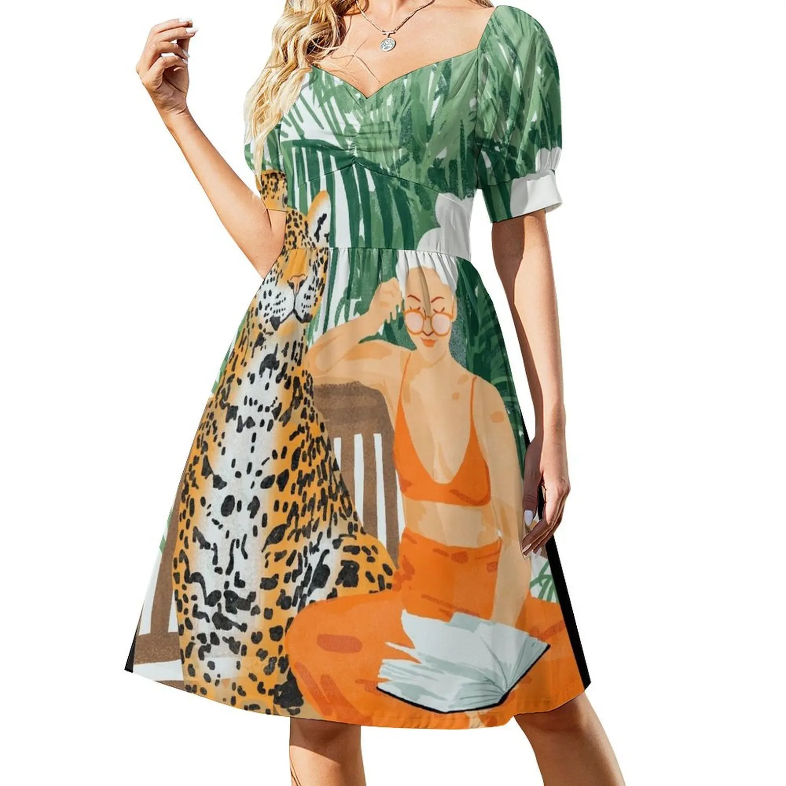 

Jungle Vacay Modern Bohemian Blonde Woman Tropical Travel Leopard Wildlife Forest Reader Short-Sleeved Dress Clothing female