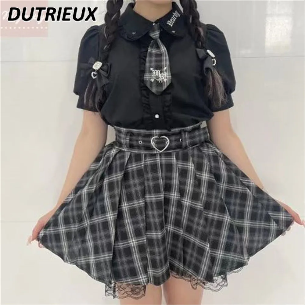 Japanese Style New Mine Fake Belt Decorative High Waist Short Skirt Sweet Cute Girl Lace Plaid Pleated A-line Mini Skirts