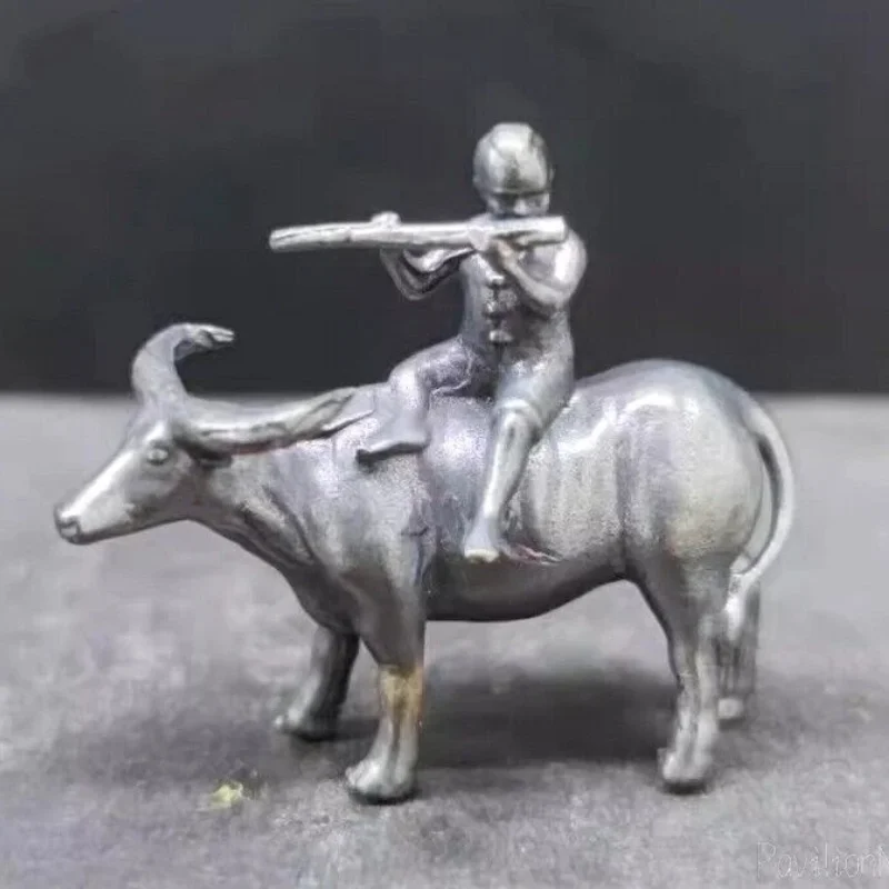 Vintage Solid Brass Fluting Boy On Buffalo Figurine Chinese Shepherd Boy Mini Desktop Zen Tea Pet Collectible Ornament