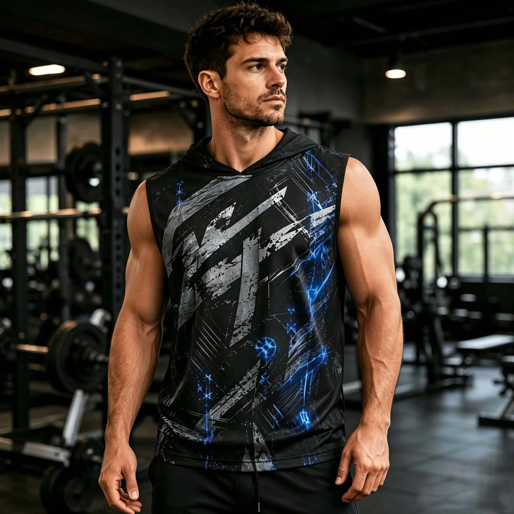 Ärmelloses Tanktop mit geometrischem Druck für Herren, atmungsaktiv, für Fitness, Gewichtheben, Workout, Street Hip Hop, sportliches ärmelloses Shirt, Weste