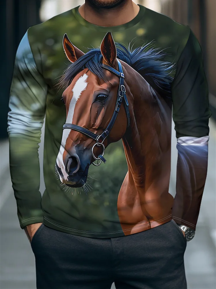 Men's Horse Long Sleeve T-Shirt Brown Horse Head Blue Bridle Green Forest Graphic Tee Animal Pullover Tops Gift 2026 New