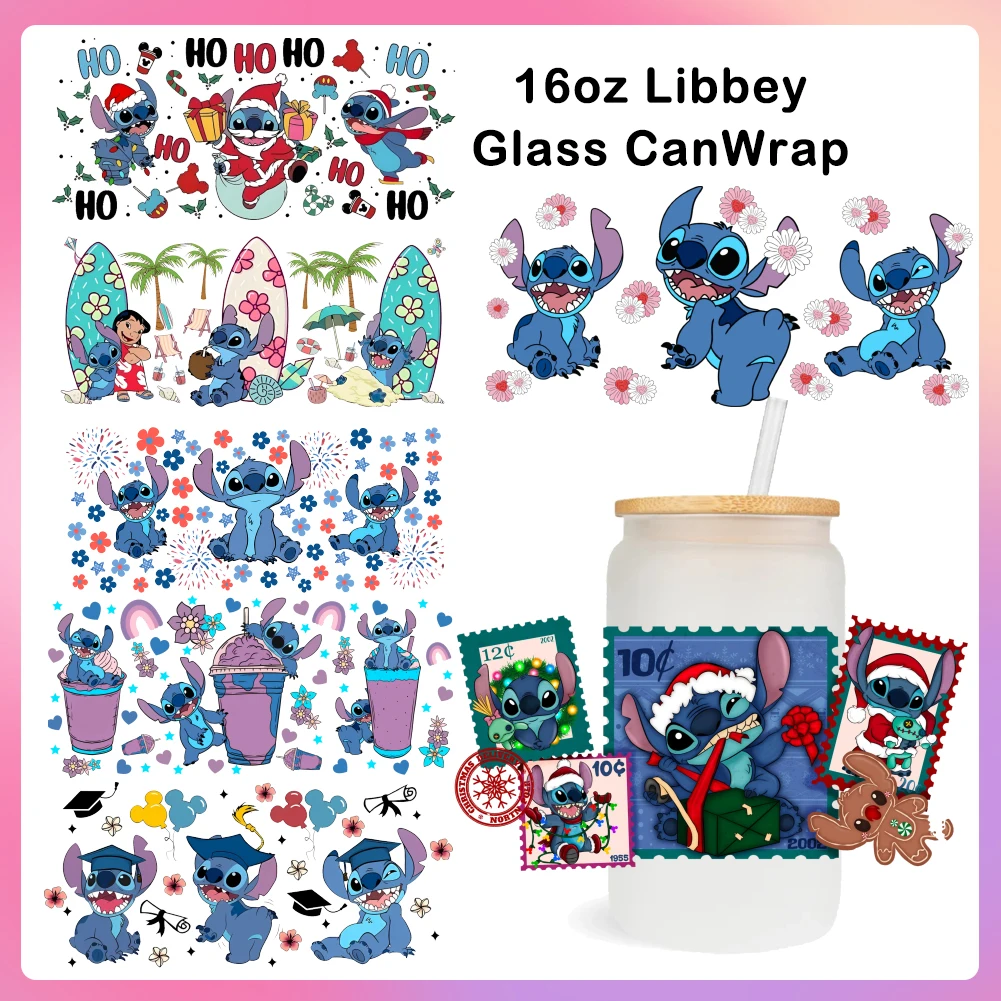 

Disney Stitch Cute cartoon For Libbey 16oz Can Glass 3D Waterproof UV DTF Coffee Can Wrap Libbey Glass Wrap