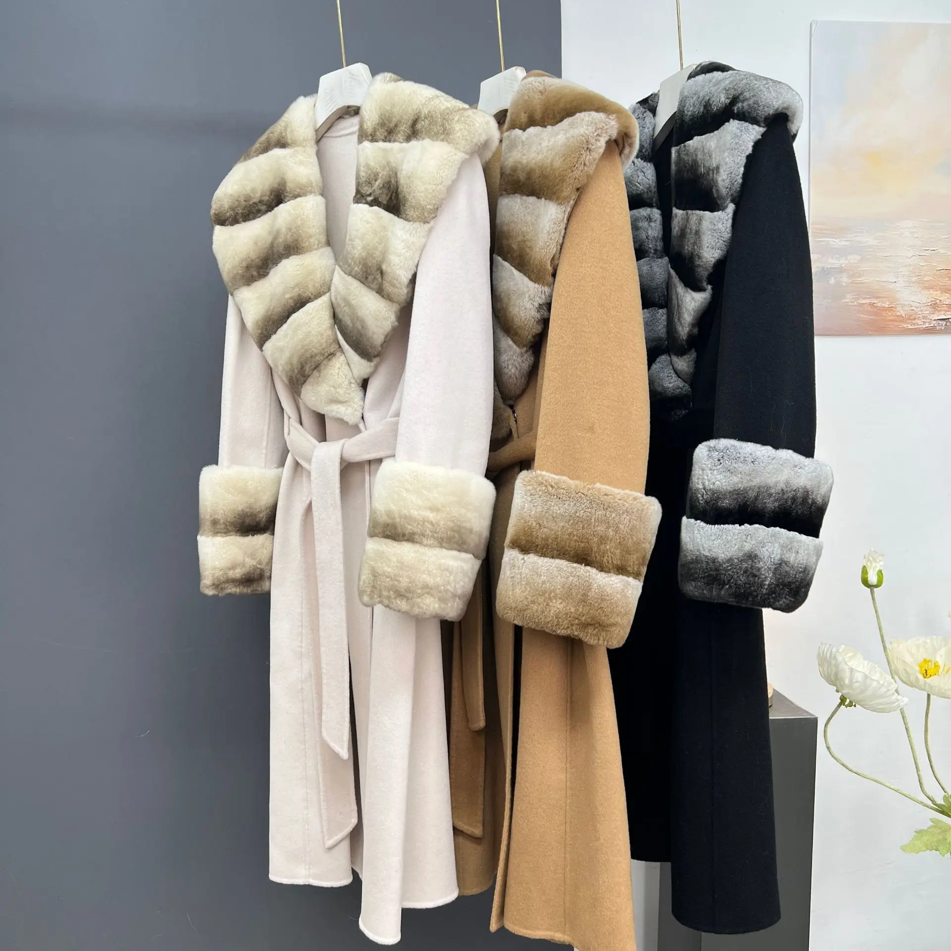 Autumn and winter new double-sided cashmere coat women's long style imitation dragon cat otter rabbit big fur collar real fur