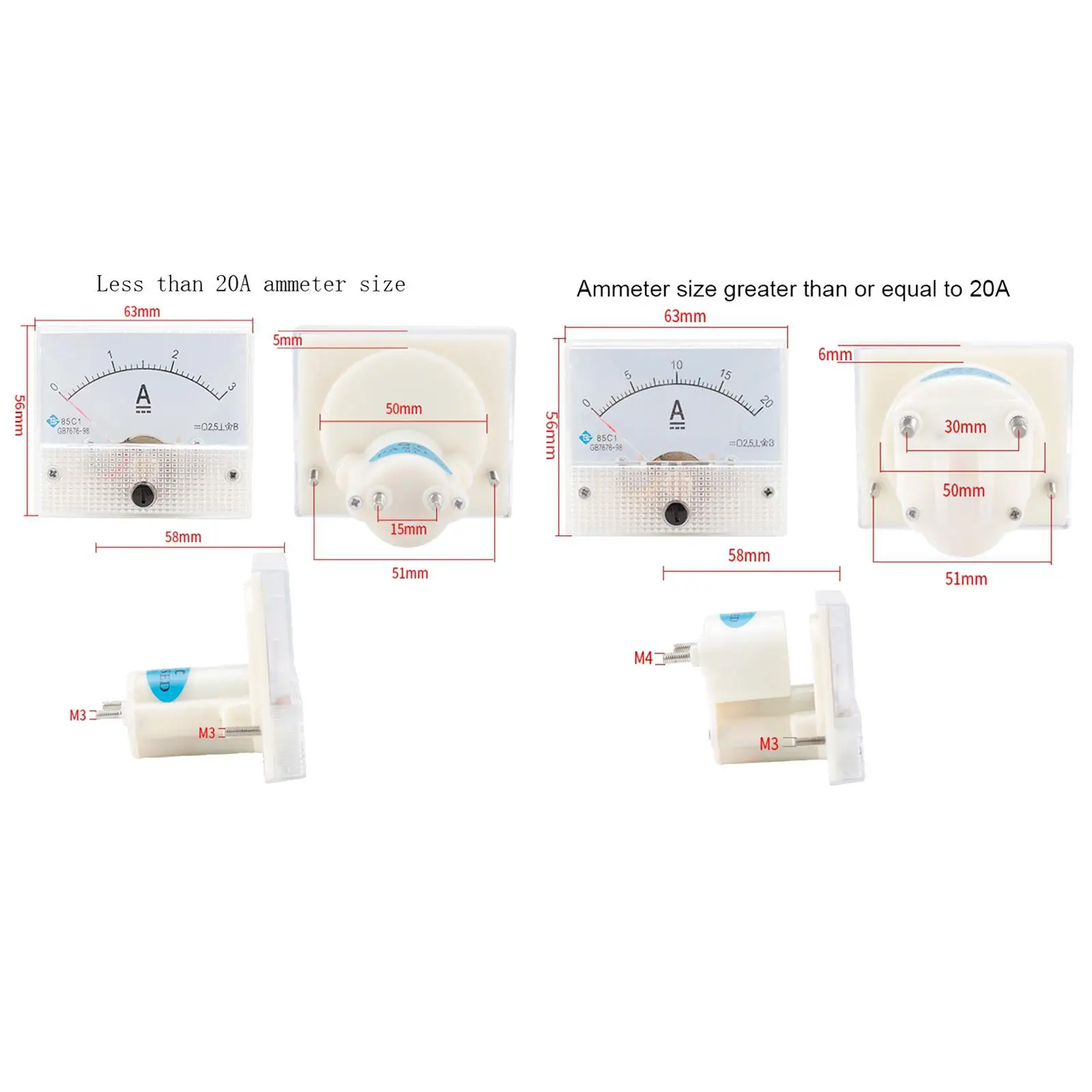 DC 0-50/100/200/500μA 0-20A Rectangle Analog Panel Ammeter for Circuit Measurement Ampere Tester Gauge