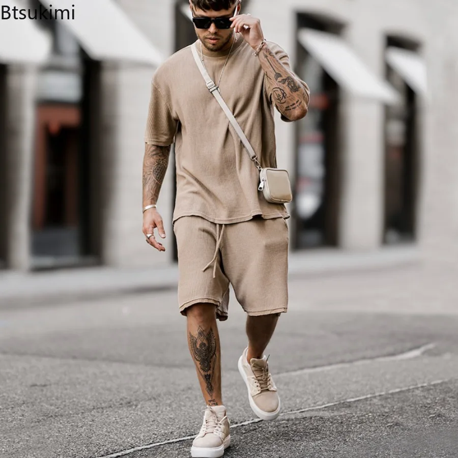 

Summer Hip Hop Ribbed T-shirts Two Pieces Men's Trend Streetwear Casual Solid O-neck Short Sleeve Tops+Shorts Tracksuit Outfits