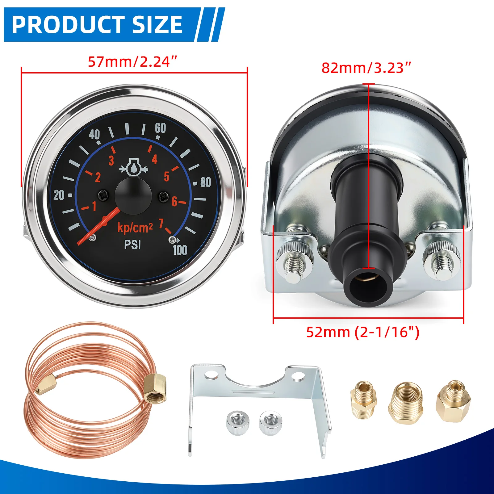 100% Universal 52mm Car Oil Press Pressure Gauge Meter 0-100 PSI kp/cm2 Durable Fuel Pressure Auto Accessories for 12V vehicles