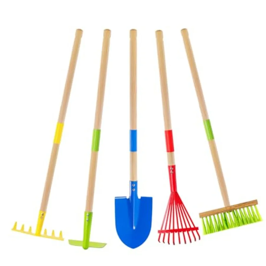 

Garden Tool Set: Safe Toddler Size Hoe, Rake, Shovel, Leaf Rake, Broom 5-Piece Gardening Tools with Wooden Handle and Metal Hea