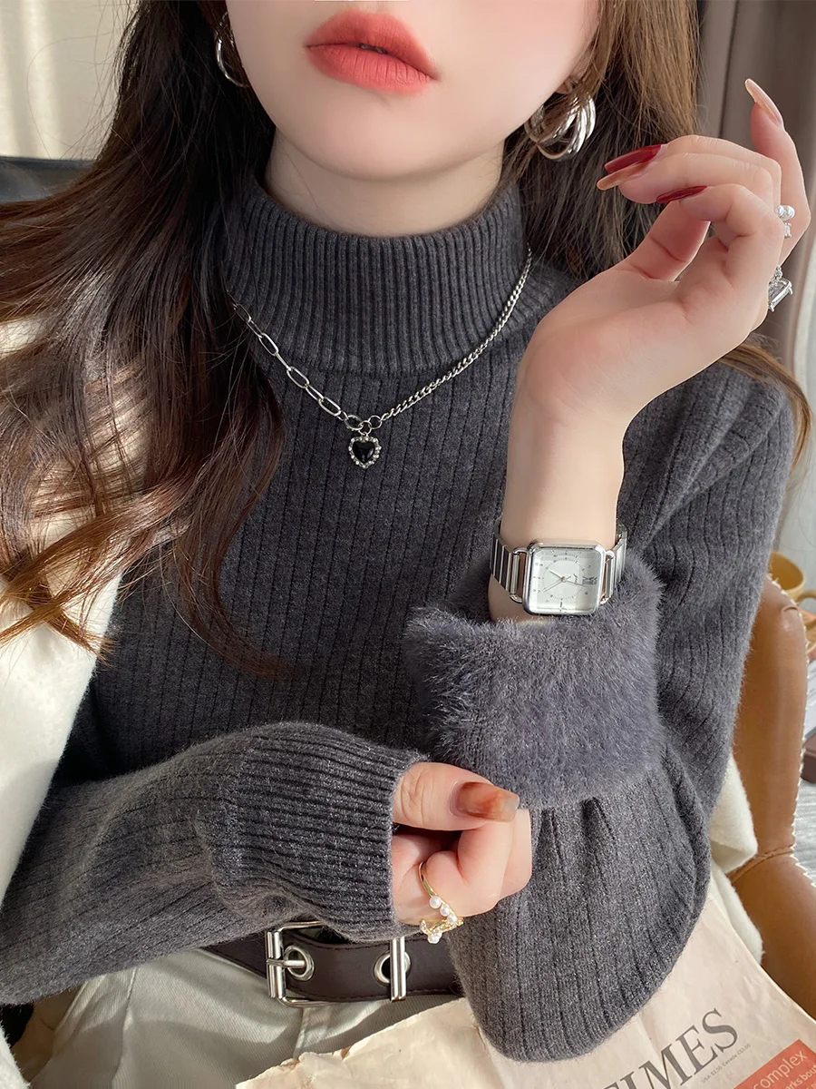 سترة محبوكة بلوفرات نسائية جديدة بأكمام طويلة ورقبة وهمية مبطنة بالصوف سترة نسائية علوية Sueters De Mujer Q1478 #4