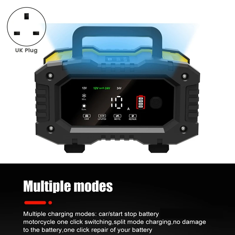 Fully Automatic Smart Charger 10A High Power Portable Car Motorcycle Battery Charger 12V24V For Battery Charging UK Plug