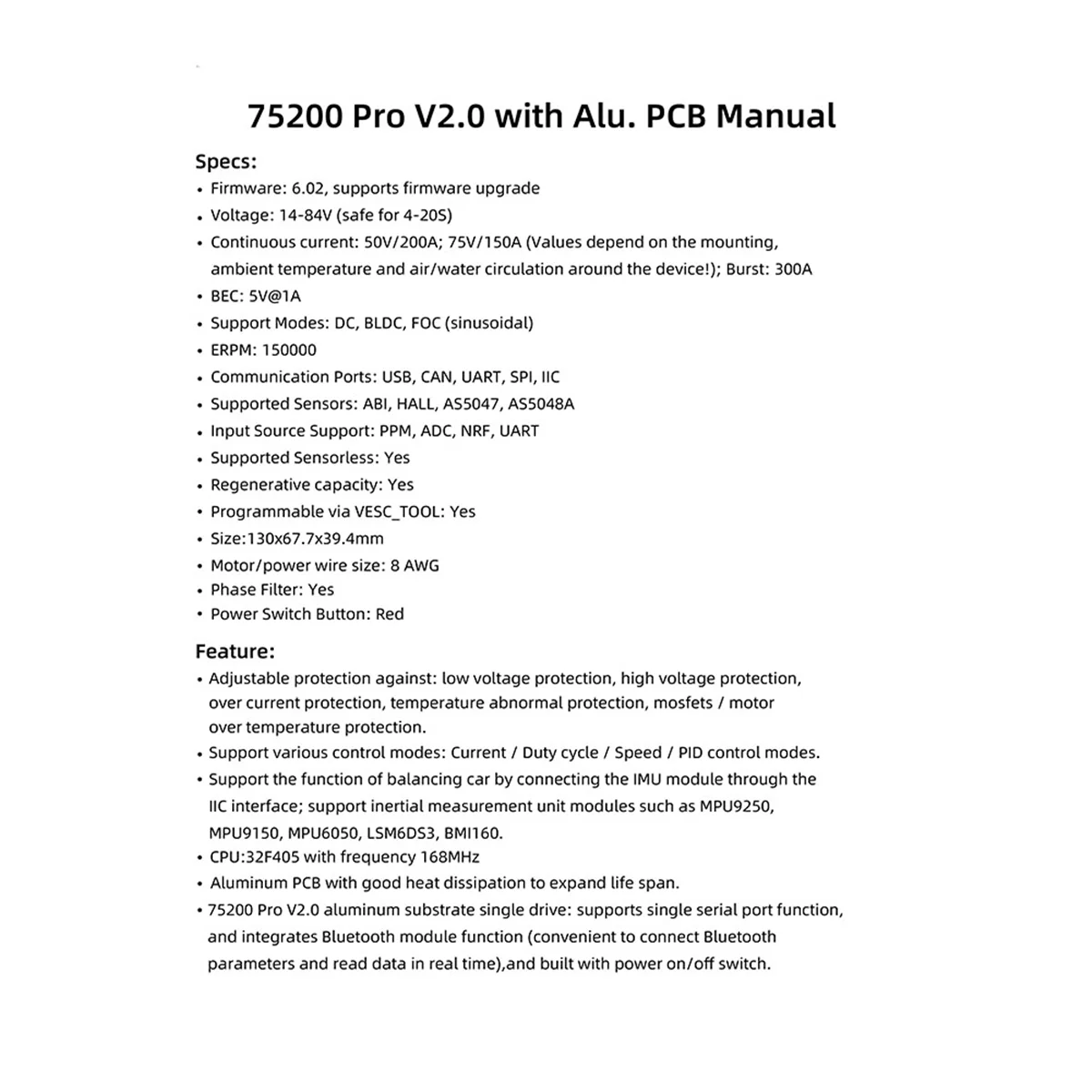 

Upgraded 75200 Pro V2.0 ESC Controller for Electric Skateboard/Scooter