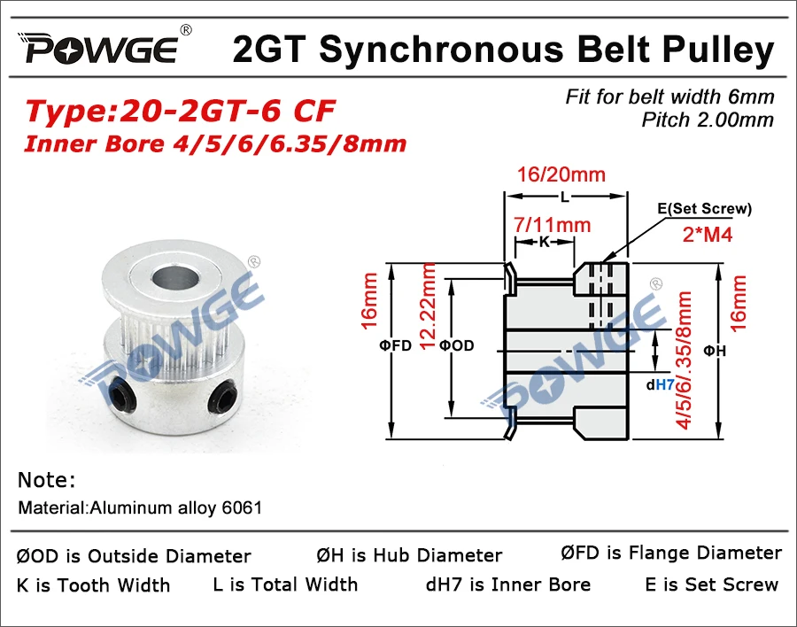 POWGE 20 Teeth 2GT 2M Synchronous Pulley Bore 5/6/6.35/8mm for width 6mm 2MGT GT2 Timing Belt Small Backlash 20Teeth 20T 4pcs