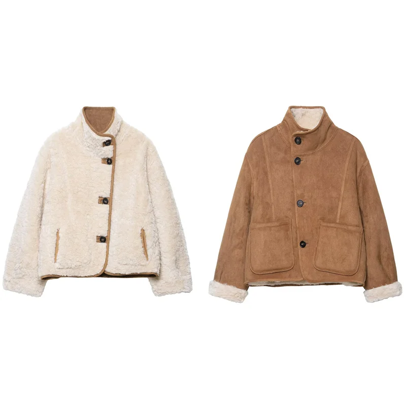 

Women's Jacket 2025 Autumn New Style Solid Color Long Sleeve Reversible Warm Jacket Casual Fashion Versatile