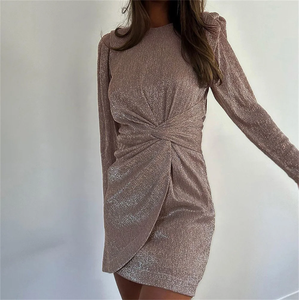 

Women Elegant Khaki Slim Dress 2024 Sexy O-Neck Long Sleeve Irregular Mini Dresses Ladies Night Club Dress Vestidos