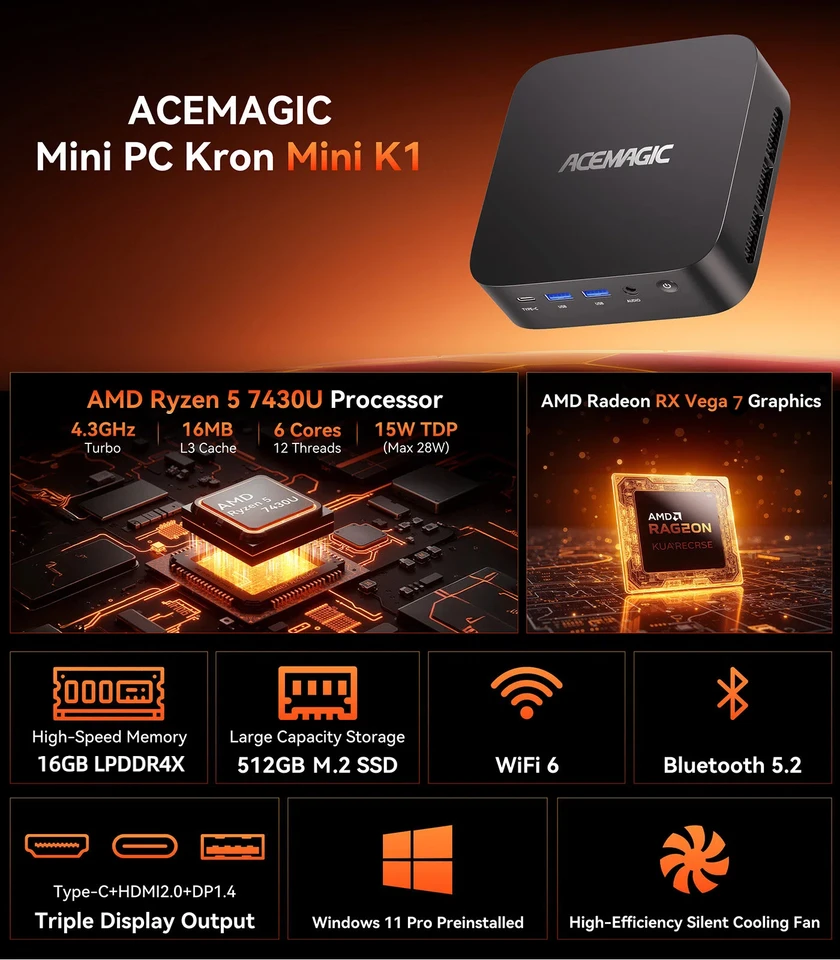 ACEMAGIC MINI PC AMD Ryzen 5 7430U/7 7730U 16GB LPDDR4X 512GB SSD