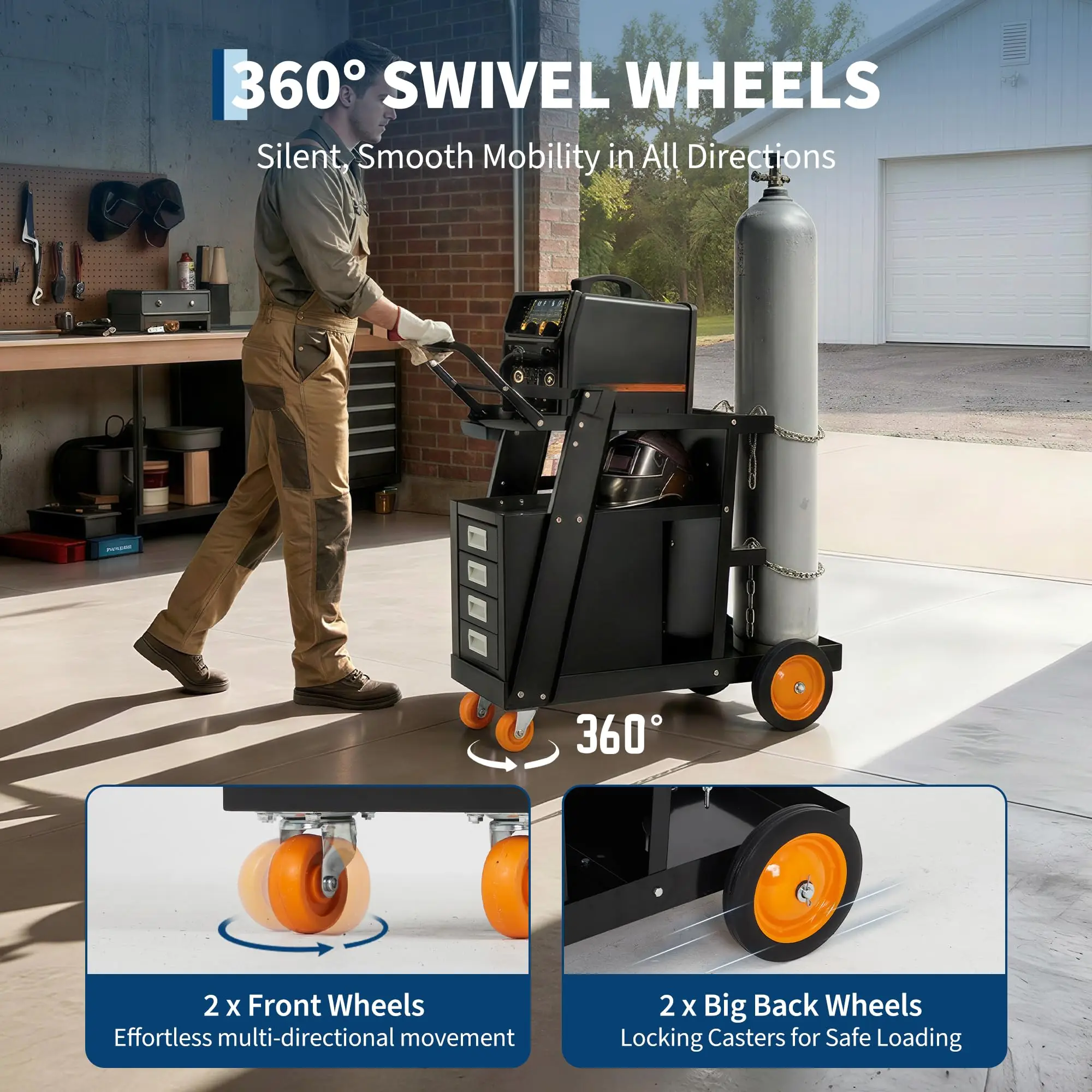 Heavy Duty Welding Cart 360 Rolling 4 Drawers Cylinder Holder MIG TIG Plasma Cutter Double Layer Steel Mobile Workstation Black
