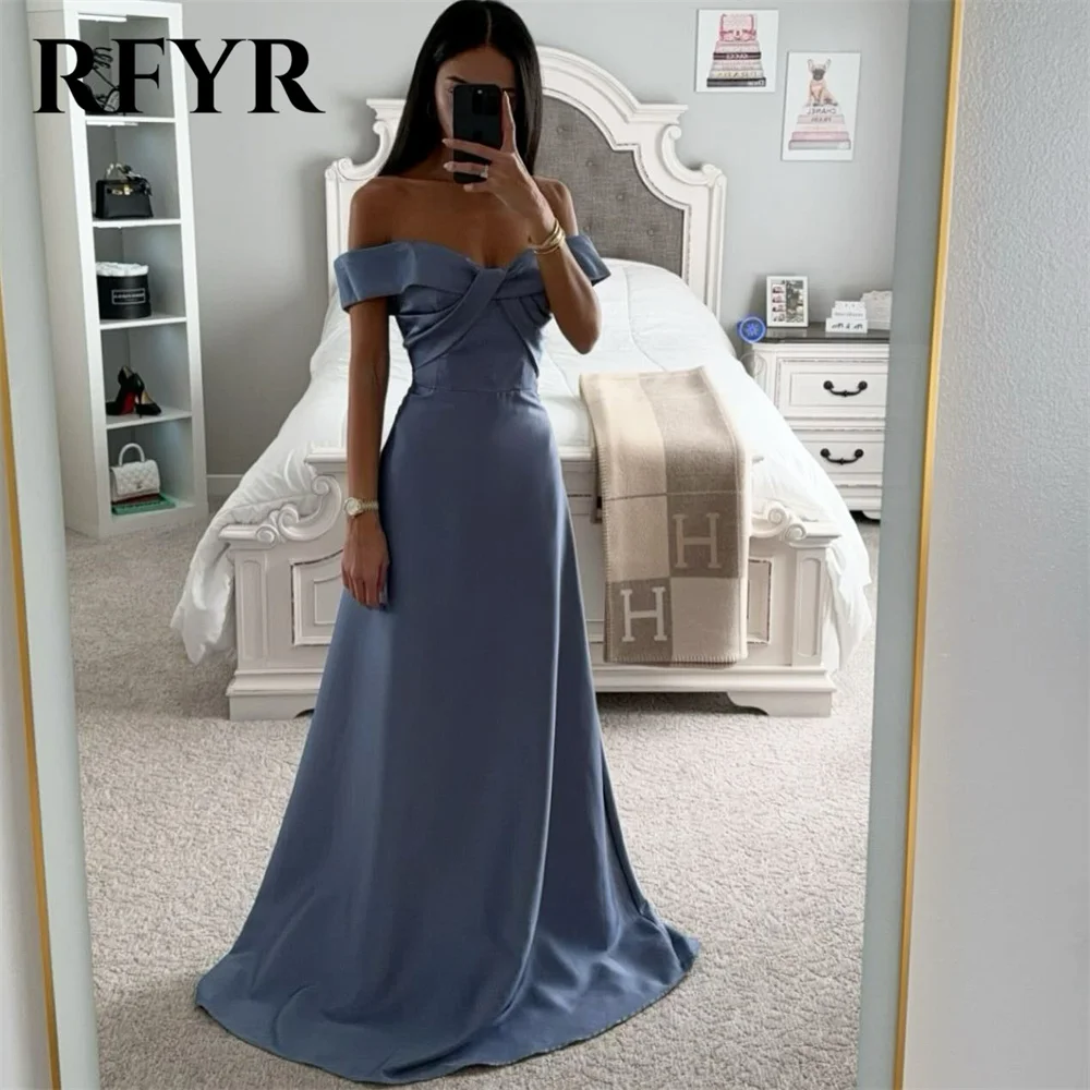 

RFYR Simple Blue Prom Dress Sweetheart A-Line Evening Dress Off The Shoulder Ruched Party Dress with Pleats Satin Robe De Soirée