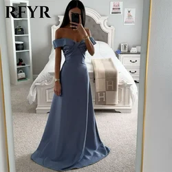 RFYR Simple Blue Prom Dress Sweetheart A-Line Evening Dress Off The Shoulder Ruched Party Dress with Pleats Satin Robe De Soirée