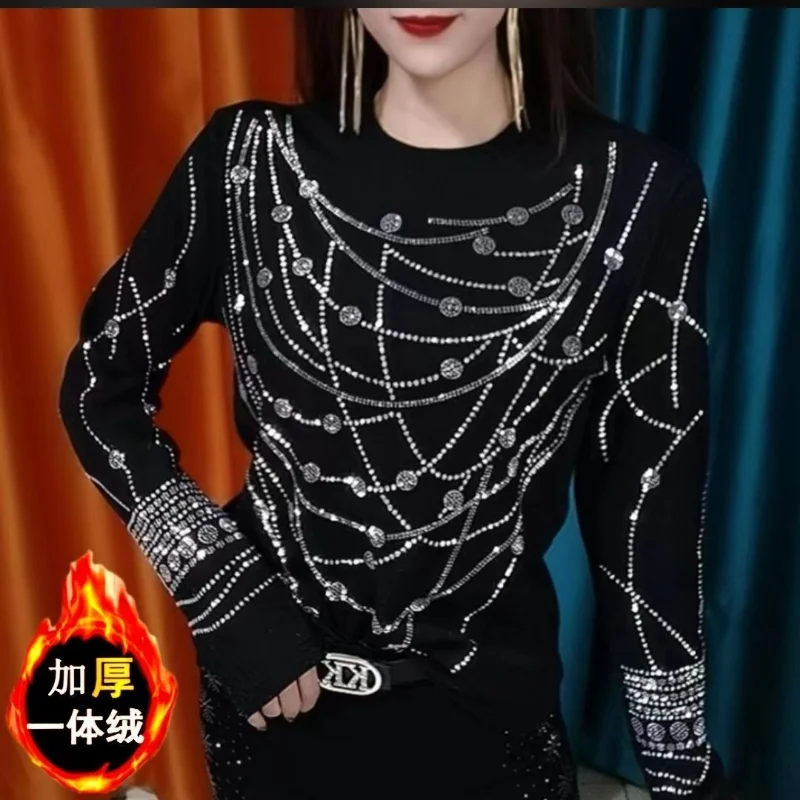 

Женская одежда, осенне-зимние корейские модные бархатные толстые базовые футболки со стразами, элегантные черные тонкие топы с круглым вырезом и длинными рукавами