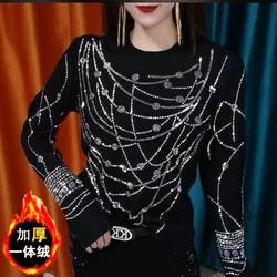 Women's Clothing Autumn Winter Korean Fashion Rhinestone Velvet Thick Basic T-shirts Elegant Black O Neck Long Sleeve Slim Tops