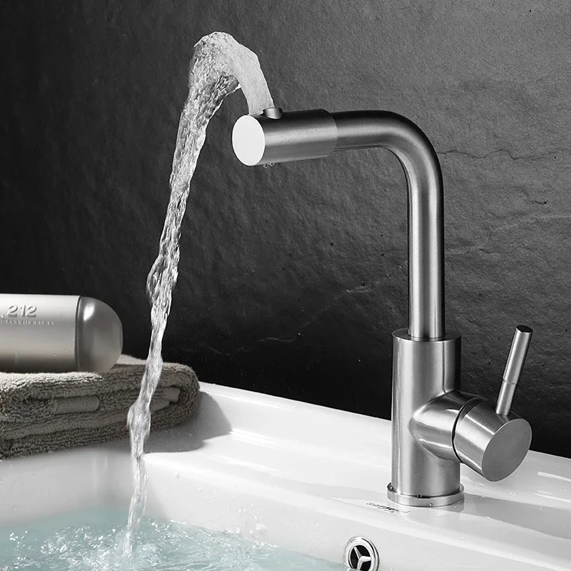 صنبور حوض غسيل مثبت على سطح السفينة 360 درجة °   صنابير الحمام الدوارة 304 الفولاذ المقاوم للصدأ مقبض واحد نحى النيكل الساخن الباردة الحنفية