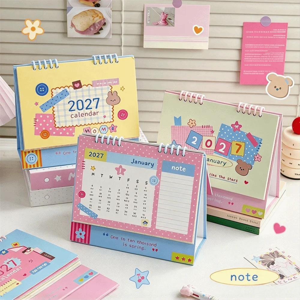 New Cartoon Bear 2027 Desk Calendar Daily Schedule Card Paper Standing Calendar Collage Art Note Planner Study Desk