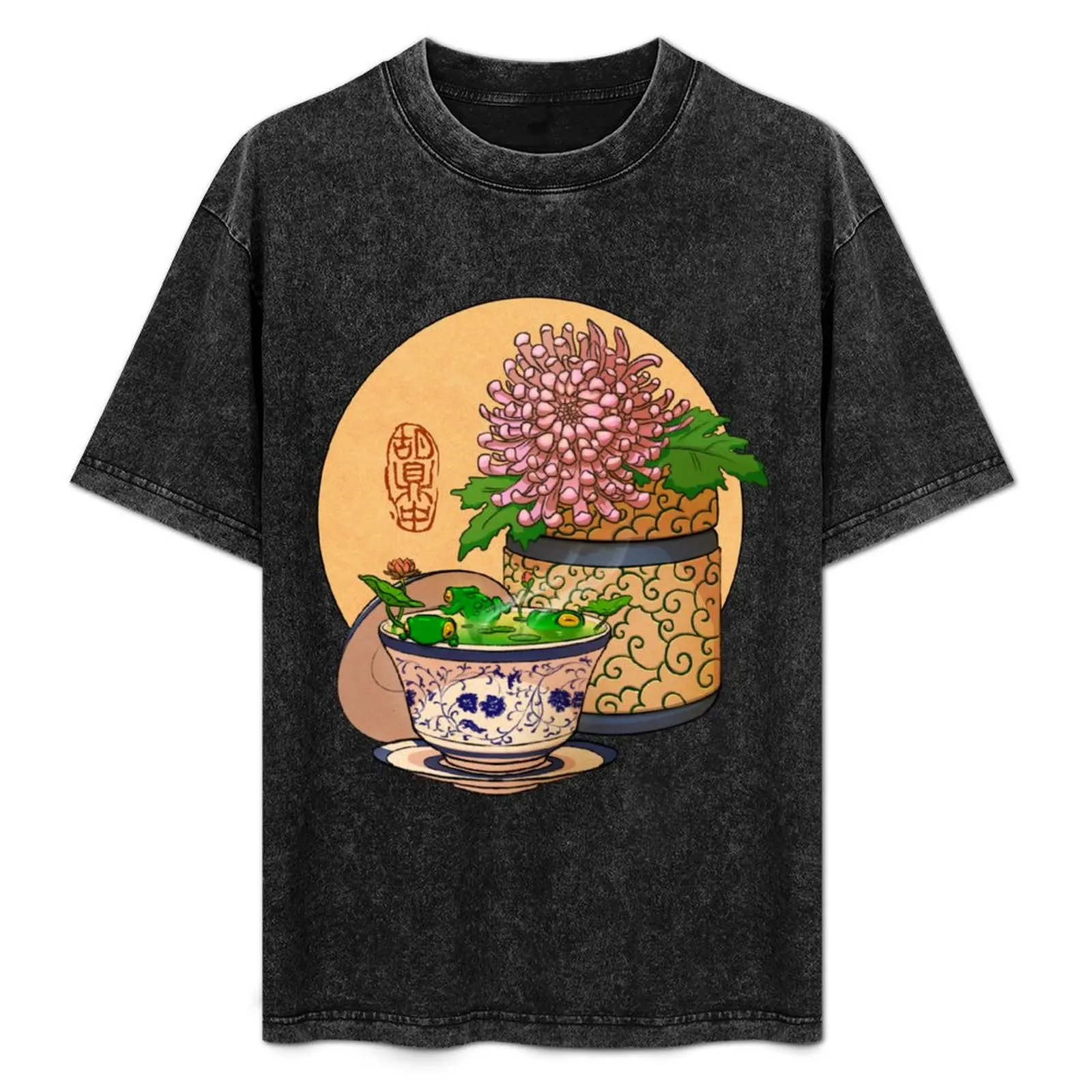 

tea cup chrysanthemum flower frog yellow bg T-Shirt anime clothes Funny t-shirt plain t shirts men