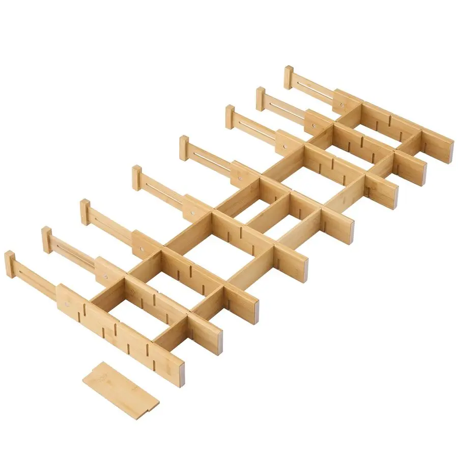 

Разделители для ящиков из бамбука с вставками, органайзер для кухонных ящиков, регулируемые и расширяемые, набор из 8 штук для кухни, спальни, ванной комнаты