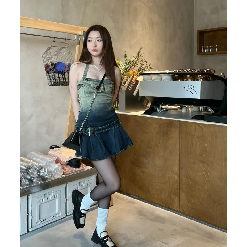 Summer Blue Dress Y2K Clothes Women Backless Dress Denim Skirt Sleeveless V-neck Sexy Korean Fashion 2023 Simple NEW Miniskirt