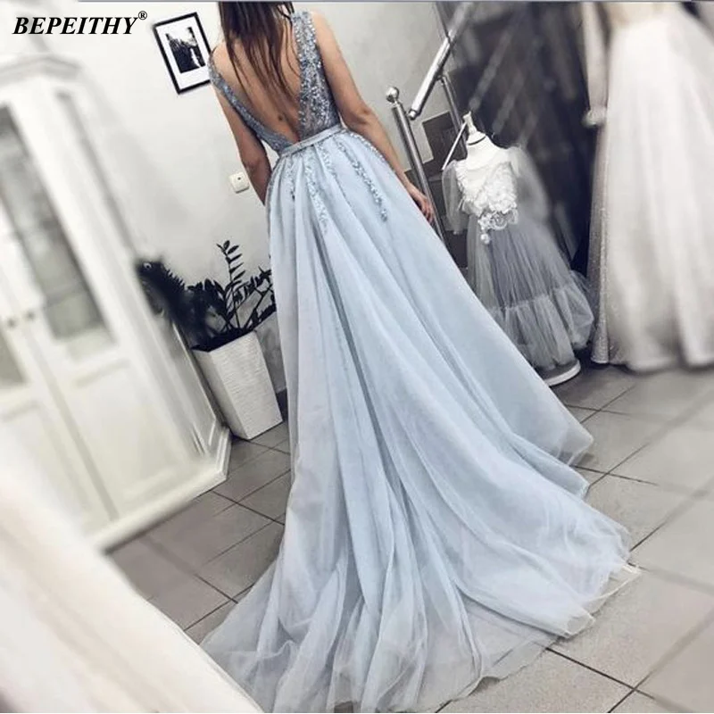 BEPEITHY Customized Deep V Neck Luxury Blue Long Evening Dress With Belt Vestido De Fiesta Sexy Backless Prom Dresses For Women