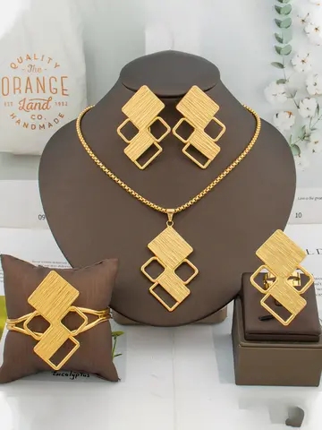 Ethiopian Gold Color Jewelry Set for Women Trend Design Earrings Necklace Bangle Ring Banquet Wedding Party Daily Wear Jewellry