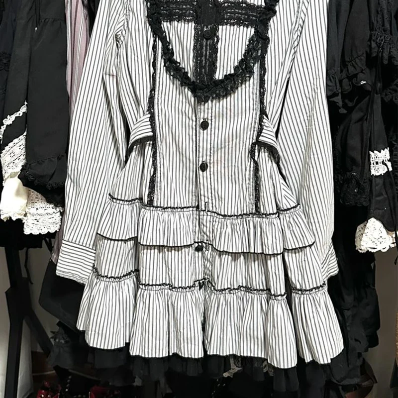 โกธิคลายชุดผู้หญิงวินเทจลูกไม้เย็บปะติดปะต่อแขนยาวชุดญี่ปุ่นหวานกระโหลกสไตล์ลูกไม้ขึ้นสายเสื้อVestidos