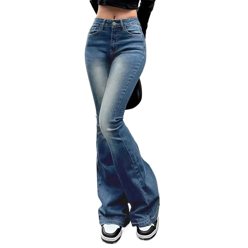

Модные джинсы в стиле ретро 2025 года, расклешенные джинсы с высокой талией, женские эластичные джинсовые брюки, женские однотонные тонкие брюки-клеш